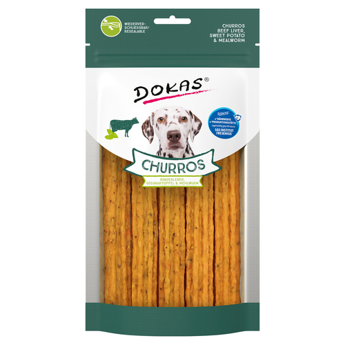 Produktbild von Dokas Churros Rinderleber, Süßkartoffel & Mehlwurm - 4 x 150 g