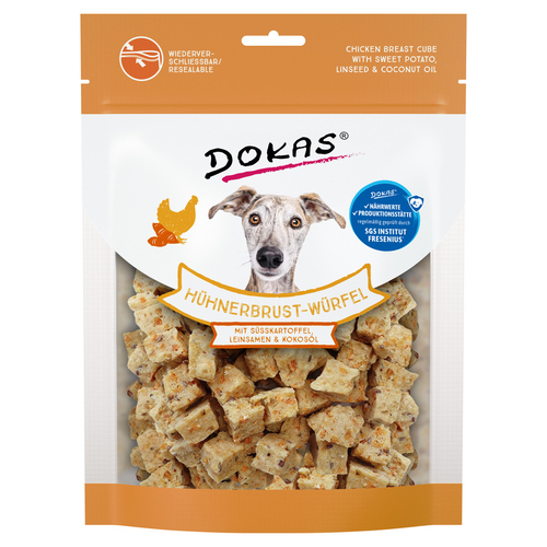 Dokas Hühnerbrust-Würfel mit Süßkartoffeln, Leinsamen, Kokos 150 g - 8 Stück - Sparpaket