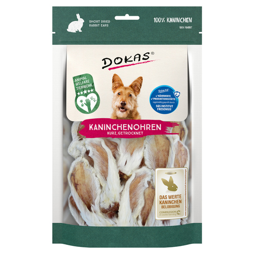 Dokas Kaninchenohren mit Fell getrocknet (kurz) 100 g - 7 Stück - Sparpaket