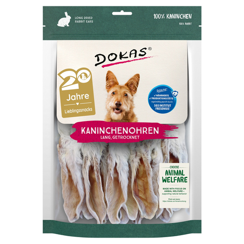 Dokas Kaninchenohren mit Fell getrocknet (lang) 180 g - 7 Stück - Sparpaket