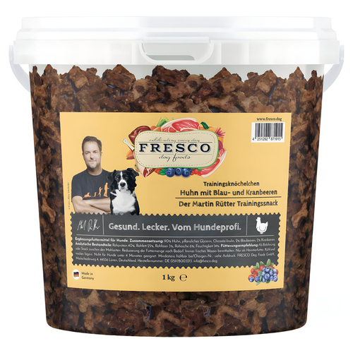 FRESCO Martin Rütter Trainingsknöchelchen Huhn mit Blaubeeren und Kranbeeren 1 kg Eimer