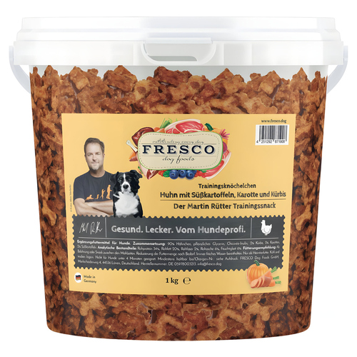 FRESCO Martin Rütter Trainingsknöchelchen Huhn mit Süßkartoffeln, Karotten und Kürbis 1 kg Eimer