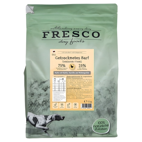 FRESCO TrockenBarf Senioren-Menü Huhn mit Kürbis, Kamille, Blütenpollen und Gesundheitskräutern 1 kg