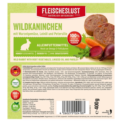 weitere Abbildung Fleischeslust Wildkaninchen mit Wurzelgemse, Leinl und Petersilie 400 g