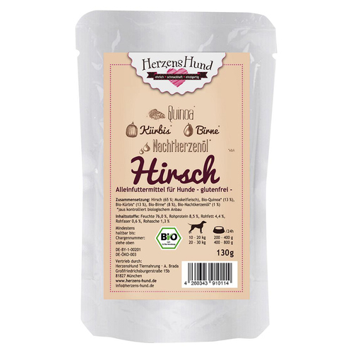 HerzensHund Hirsch mit Bio Quinoa 130 g - 18 Stück