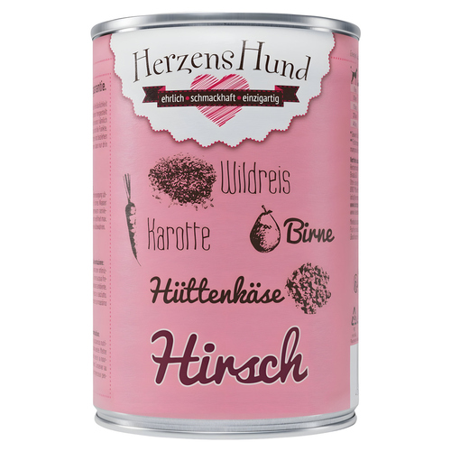 HerzensHund Hirsch mit Wildreis, Karotte, Birne, Hüttenkäse, Leinöl 400 g - 12 Stück