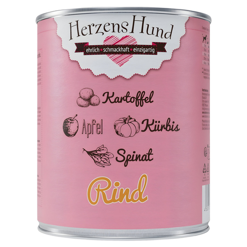 HerzensHund Rind mit Kartoffel, Kürbis, Apfel, Spinat, Leinöl 800 g - 6 Stück