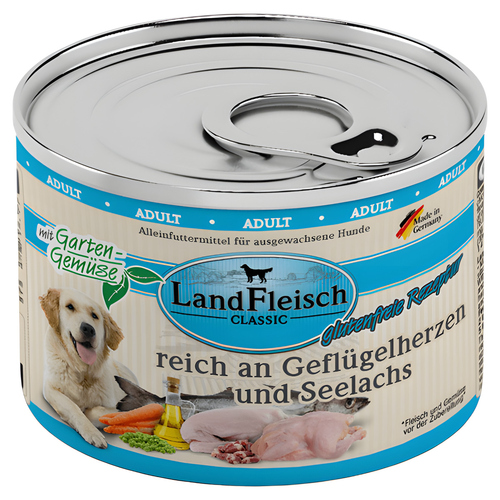 LandFleisch Classic reich an Geflügelherzen und Seelachs 195 g - 6 Stück