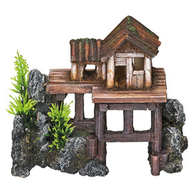 Abbildung Nobby Aquariendekoration Holzhaus mit Pflanzen auf Stelzen