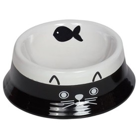 Nobby Katzen Doppelnapf Keramik - Schwarz/Beige, 22x11,5x3,5cm, Mit CAT Aufdruck