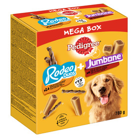 Abbildung Pedigree Mega Box Snacks mit RODEO Duos und JUMBONE Riesenknochen 780 g