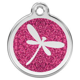Abbildung RedDingo Hundemarke mit individueller Gravur Glitzer Dragon Fly hot pink