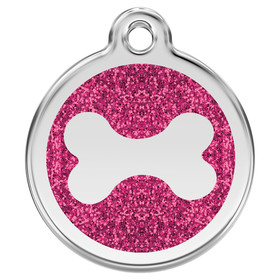Abbildung RedDingo Hundemarke mit individueller Gravur Glitzer Knochen hot pink