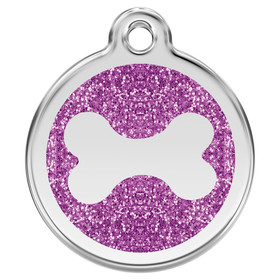 Abbildung RedDingo Hundemarke mit individueller Gravur Glitzer Knochen purple