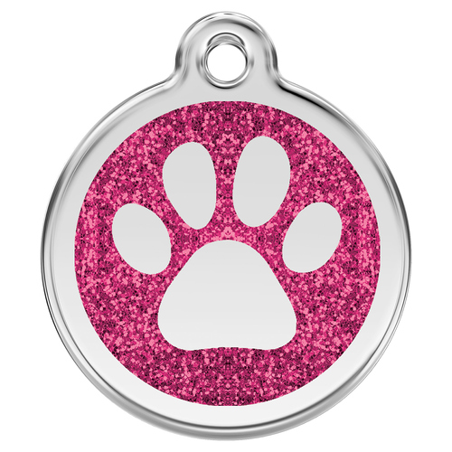 RedDingo Hundemarke mit individueller Gravur Glitzer Pfotenabdruck hot pink