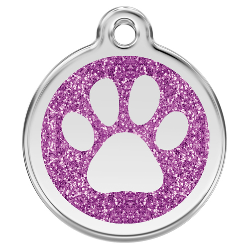 RedDingo Hundemarke mit individueller Gravur Glitzer Pfotenabdruck purple
