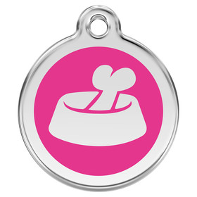 Abbildung RedDingo Hundemarke mit individueller Gravur Knochen im Napf hot pink