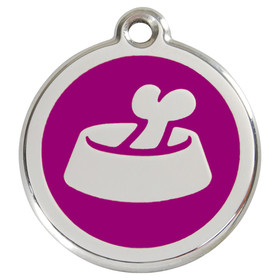 Abbildung RedDingo Hundemarke mit individueller Gravur Knochen im Napf purple