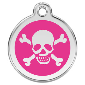 Abbildung RedDingo Hundemarke mit individueller Gravur Totenkopf mit gekreuzten Knochen hot pink