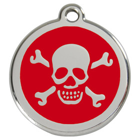 Abbildung RedDingo Hundemarke mit individueller Gravur Totenkopf mit gekreuzten Knochen rot