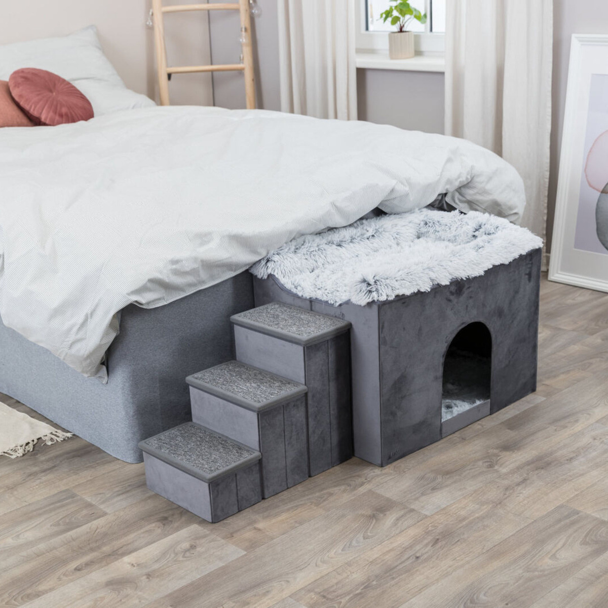 Trixie Harvey Hundehöhle – 35x26x41 Cm, Grau/Weiß-Schwarz, Plüsch Mit Rutschfester Unterseite